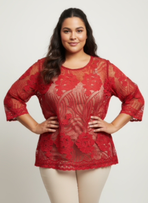 Plus Size Floral Lace Overlay Blouse with Scalloped Hem