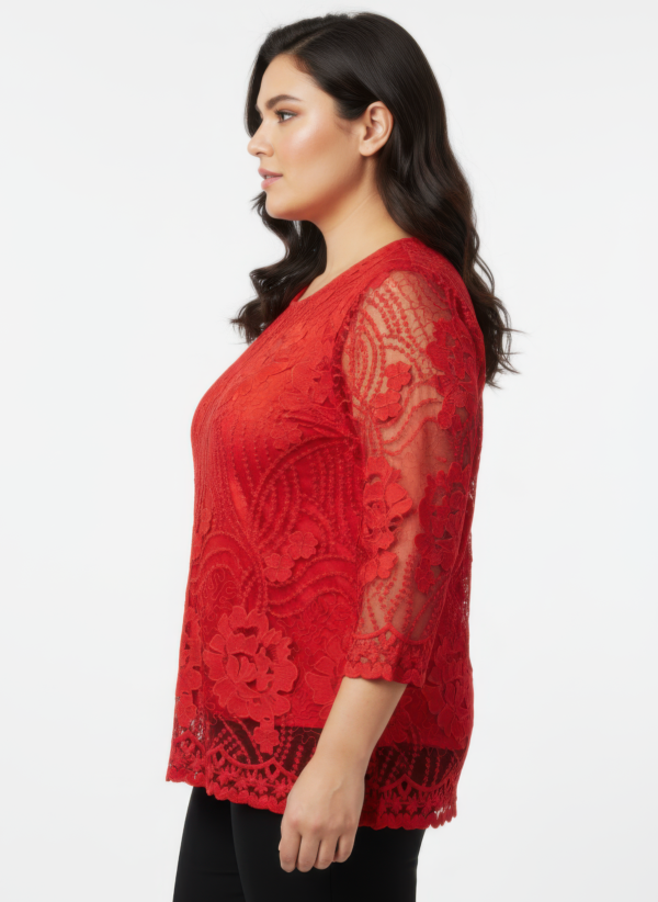 Plus Size Floral Lace Overlay Blouse with Scalloped Hem