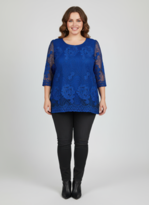 Floral Lace Sleeve Blouse with Scalloped Hem – Plus Size