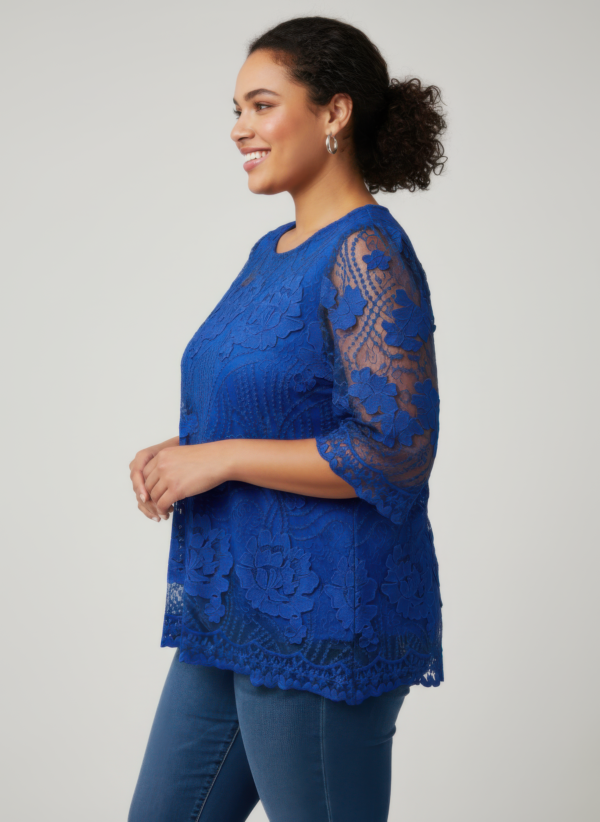 Floral Lace Sleeve Blouse with Scalloped Hem – Plus Size