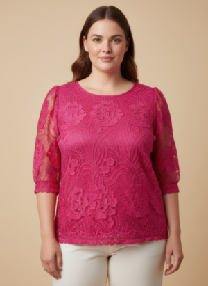 Floral Lace Sleeve Blouse with Scalloped Hem – Plus Size