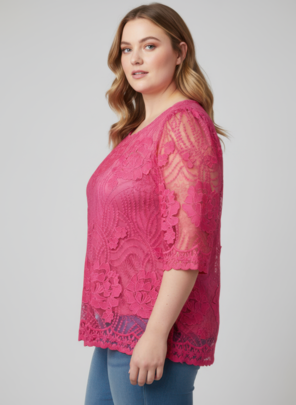 Floral Lace Sleeve Blouse with Scalloped Hem – Plus Size