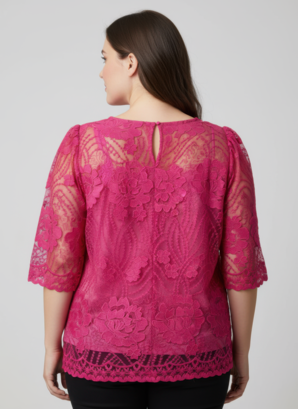 Floral Lace Sleeve Blouse with Scalloped Hem – Plus Size