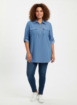 Zip-Front Tunic Blouse with Utility Pockets – Plus Size