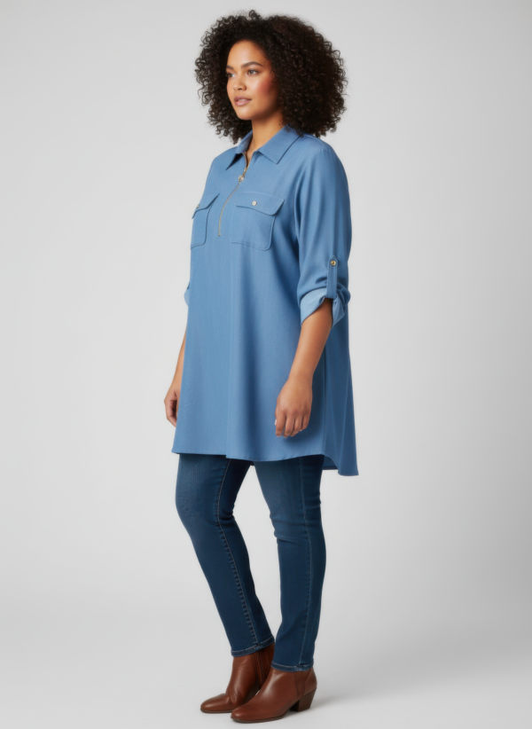Zip-Front Tunic Blouse with Utility Pockets – Plus Size