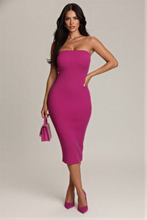 Strapless Bodycon Midi Dress – Rayon-Blend Sleek Silhouette