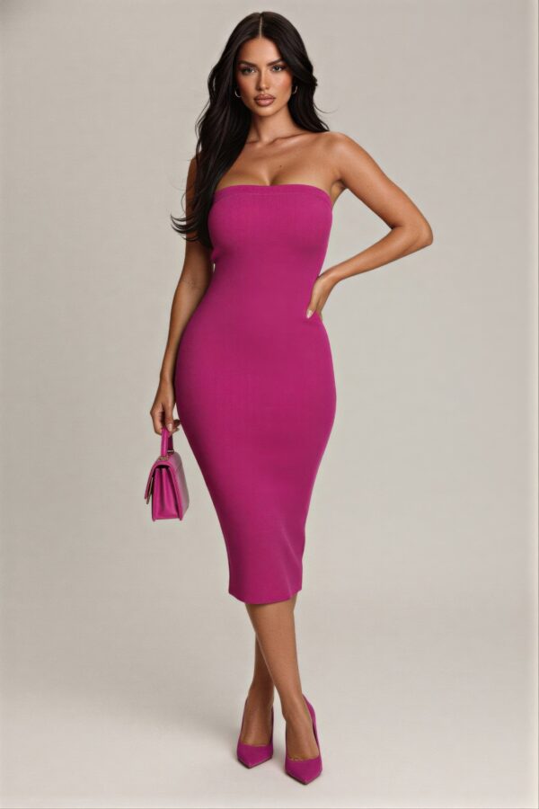 Strapless Bodycon Midi Dress – Rayon-Blend Sleek Silhouette