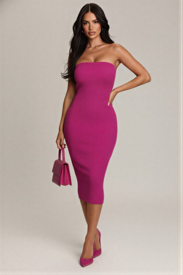 Strapless Bodycon Midi Dress – Rayon-Blend Sleek Silhouette