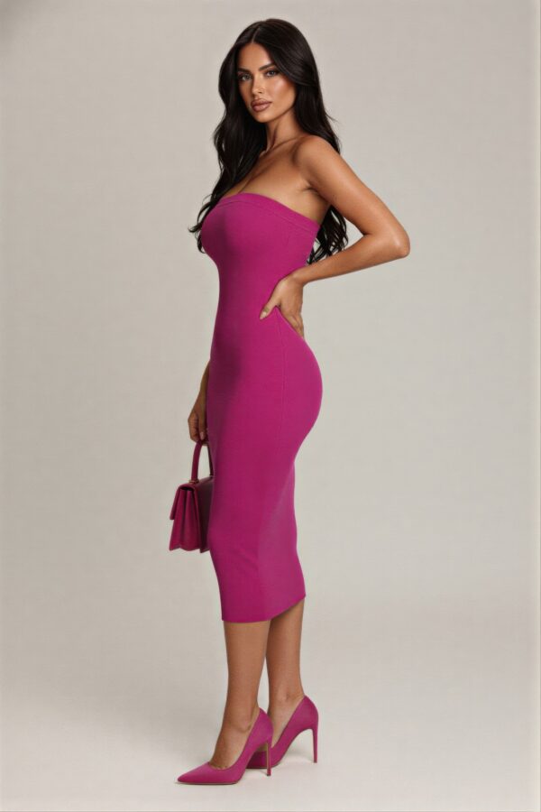 Strapless Bodycon Midi Dress – Rayon-Blend Sleek Silhouette