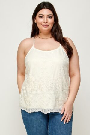 Plus Size Embroidered Mesh T-Back Cami – Flowy