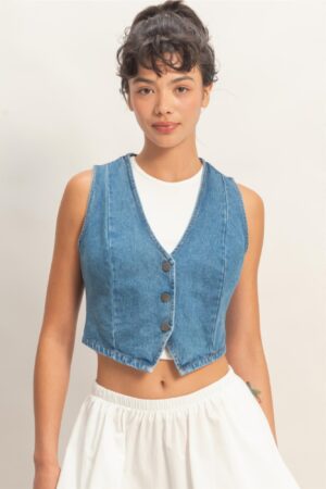 Cropped V-Neck Denim Vest with Triangle Hem