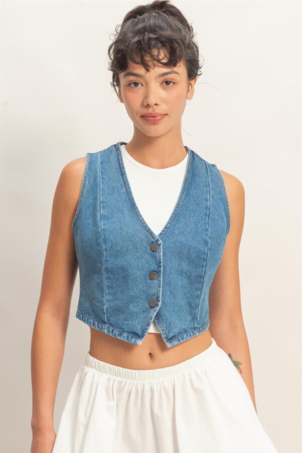 Cropped V-Neck Denim Vest with Triangle Hem