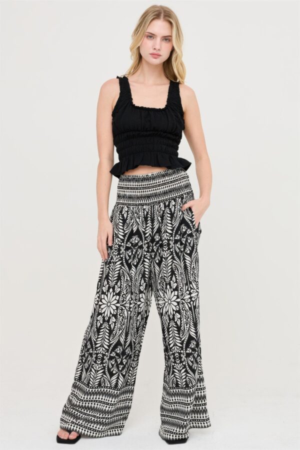 Smocked-Waist Floral Pants – Relaxed Woven Trousers with Pockets
