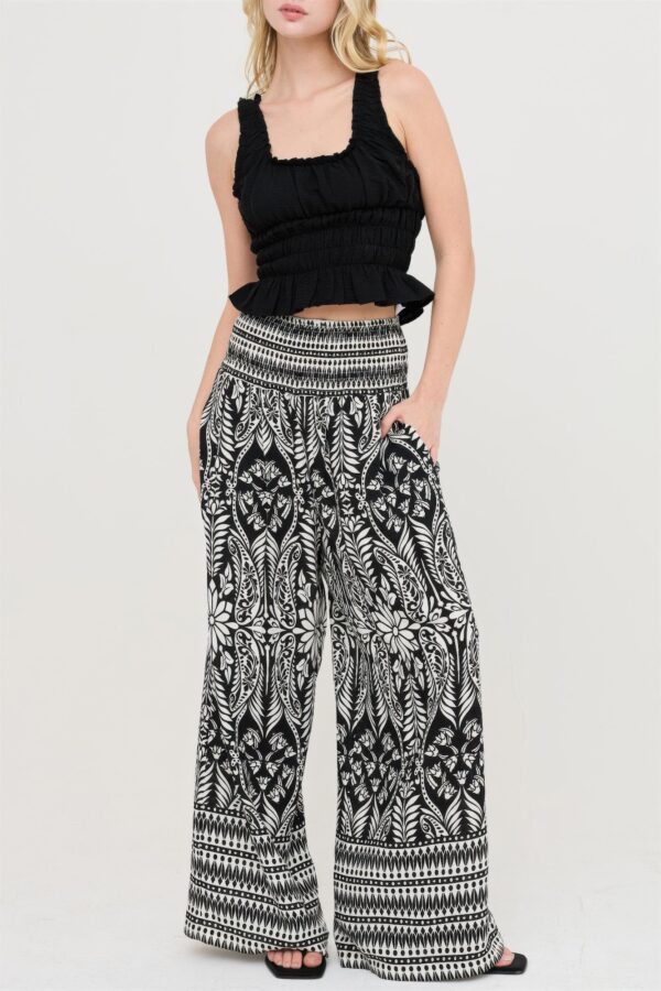 Smocked-Waist Floral Pants – Relaxed Woven Trousers with Pockets