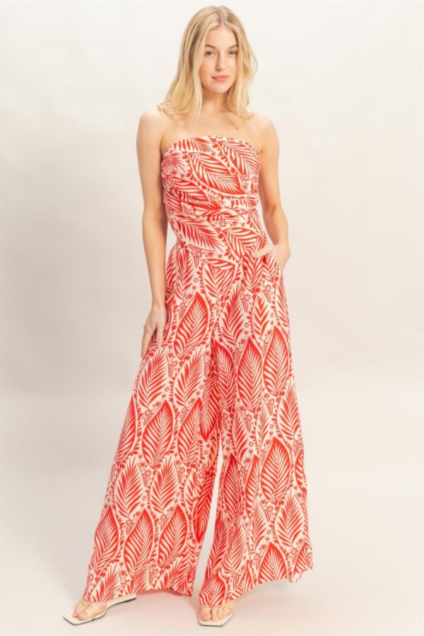 Strapless Pleated Top & Printed Pant Two-Piece Set