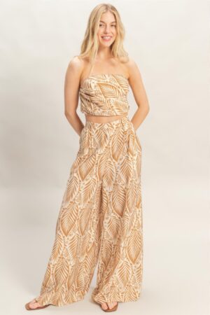 Pleated Strapless Top & Printed Pants Set