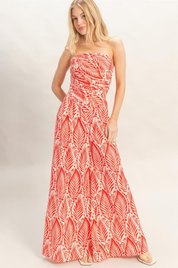 Strapless Pleated Top & Printed Pant Two-Piece Set