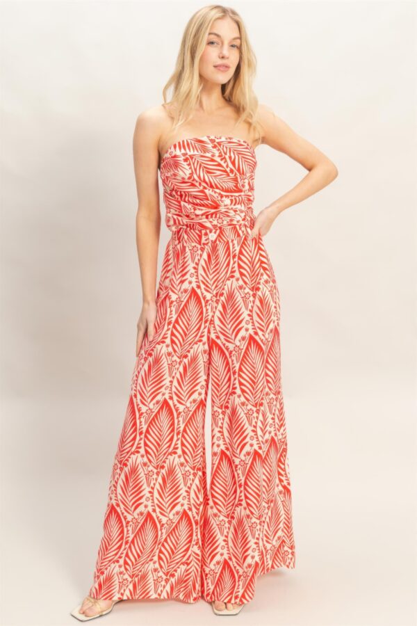 Strapless Pleated Top & Printed Pant Two-Piece Set