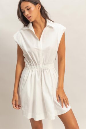 Shirred Cotton Collared Mini Dress – Sleeveless