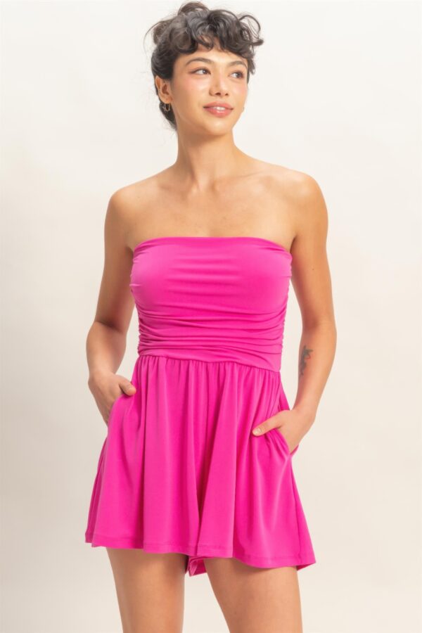 Strapless Shirred-Waist Romper with Hidden Pockets
