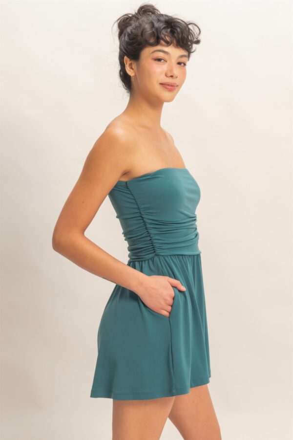 Strapless Shirred-Waist Romper with Pockets