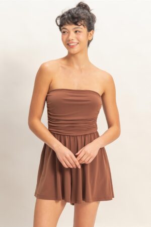 Strapless Shirred-Waist Romper with Hidden Pockets