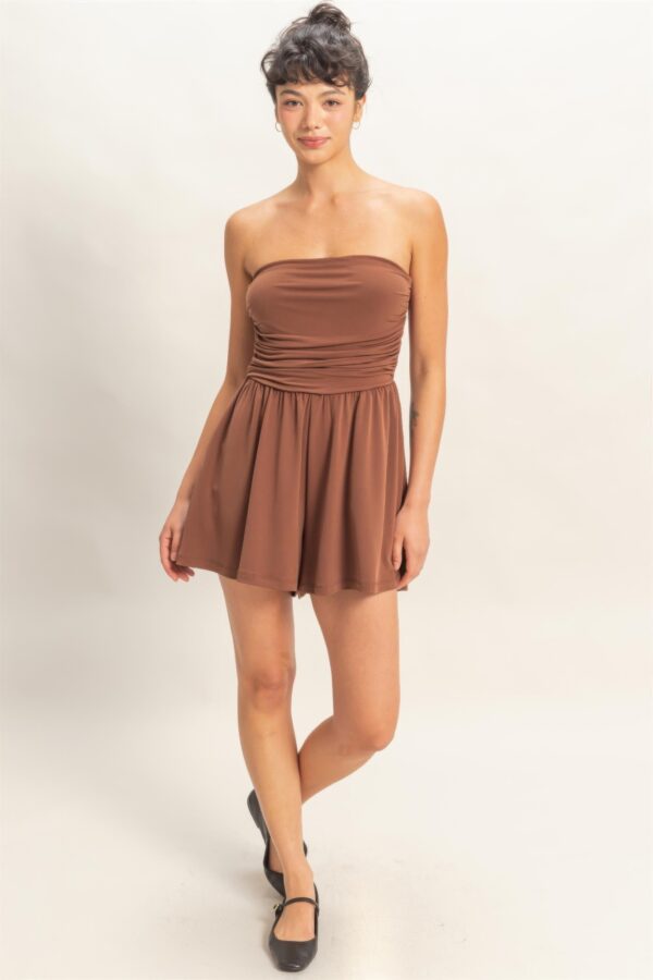 Strapless Shirred-Waist Romper with Hidden Pockets