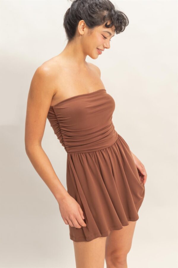 Strapless Shirred-Waist Romper with Hidden Pockets