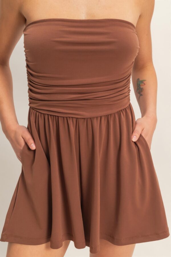 Strapless Shirred-Waist Romper with Hidden Pockets