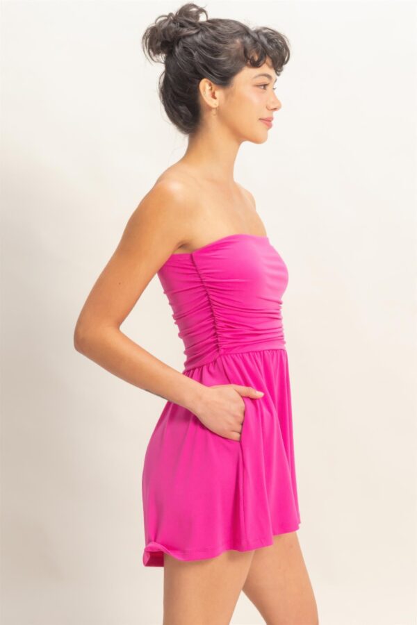 Strapless Shirred-Waist Romper with Hidden Pockets