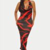 Brushstroke Halter Midi Dress with Cowl Neck