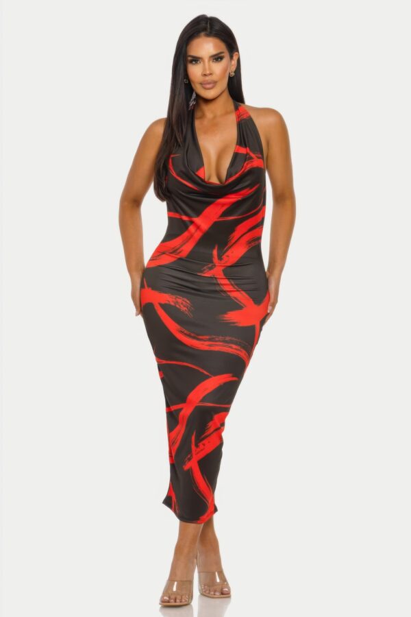 Brushstroke Halter Midi Dress with Cowl Neck
