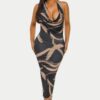 Brushstroke Halter Midi Dress with Cowl Neck