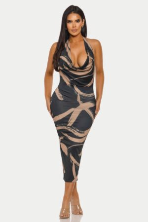 Brushstroke Halter Midi Dress with Cowl Neck