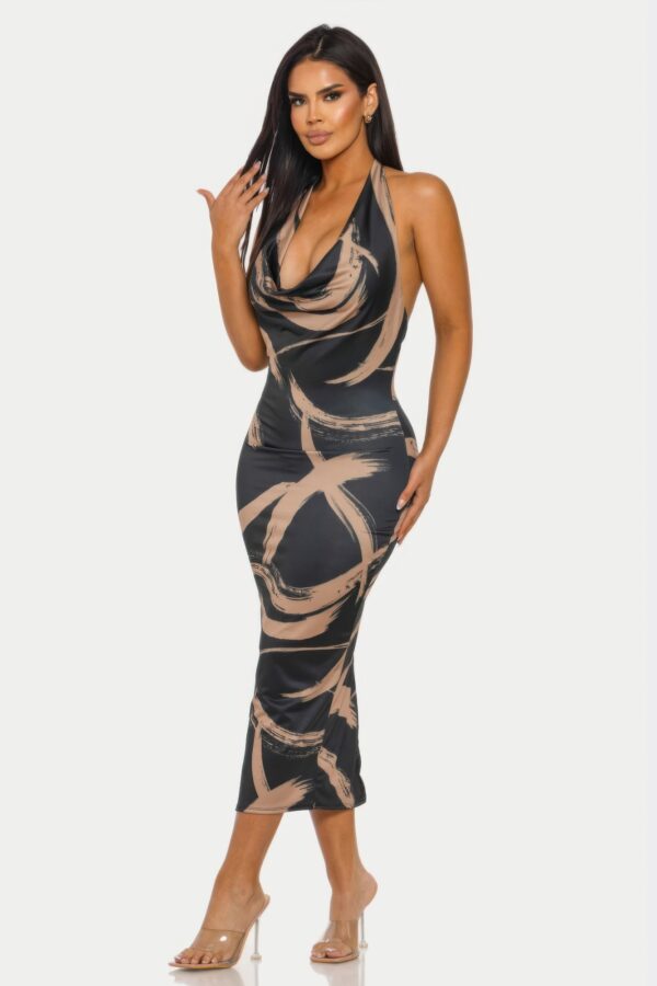 Brushstroke Halter Midi Dress with Cowl Neck