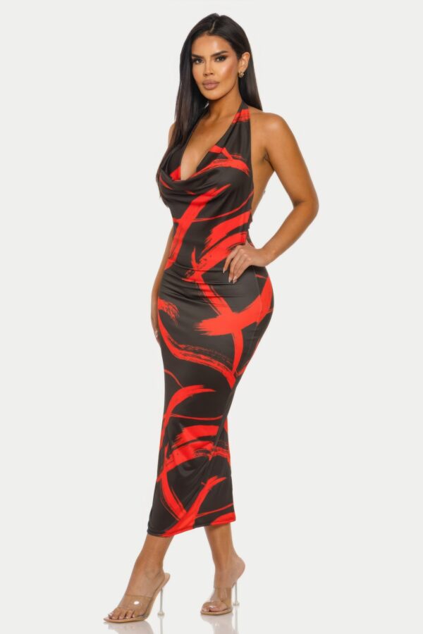 Brushstroke Halter Midi Dress with Cowl Neck