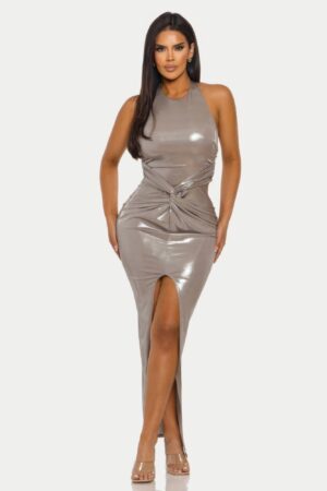 Lustrous Knot Midi Dress – Twist-Waist Silhouette