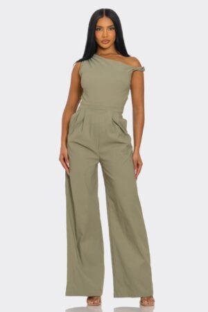 One-Shoulder Jumpsuit with Knotted Strap – Neutral