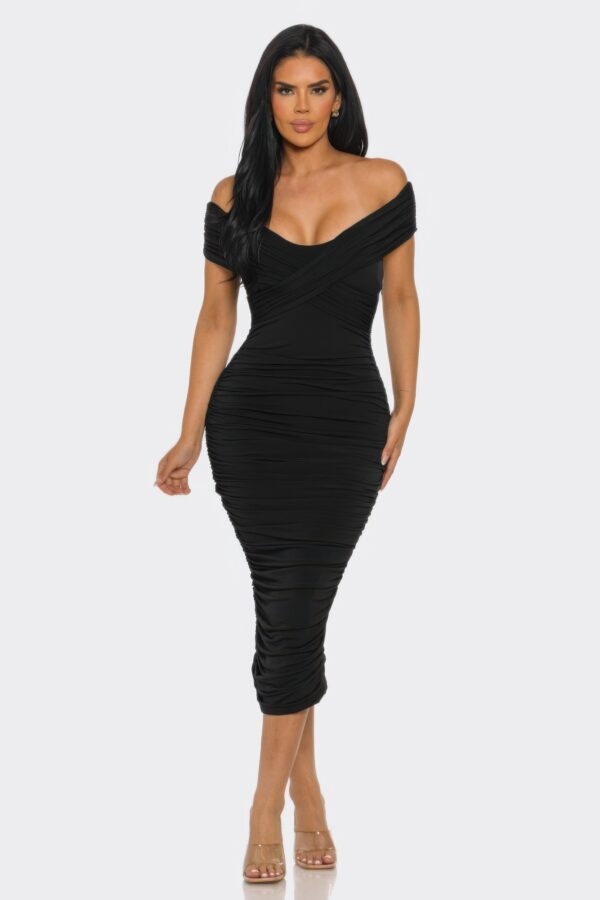 Elysian Drape Midi Dress – Off-Shoulder Draped Silhouette