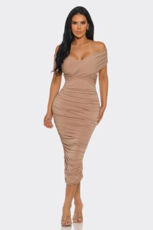 Elysian Drape Off-Shoulder Midi Dress