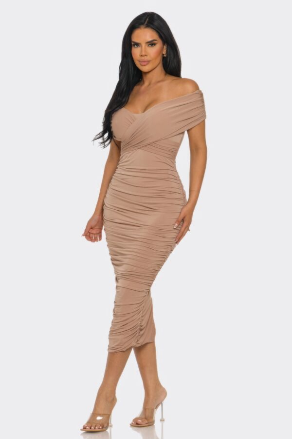 Elysian Drape Off-Shoulder Midi Dress