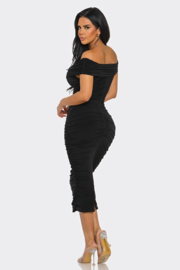 Elysian Drape Midi Dress – Off-Shoulder Draped Silhouette