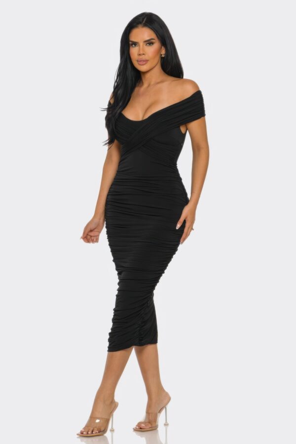 Elysian Drape Midi Dress – Off-Shoulder Draped Silhouette