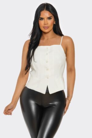 Ivory Button-Up Corset Top with Square Neck