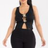 Stellar Bloom Rib-Knit Top with Gold Floral Clasps – Black