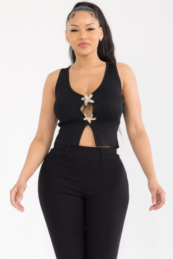 Stellar Bloom Rib-Knit Top with Gold Floral Clasps – Black