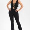 Stellar Bloom Rib-Knit Top with Gold Floral Clasps – Black