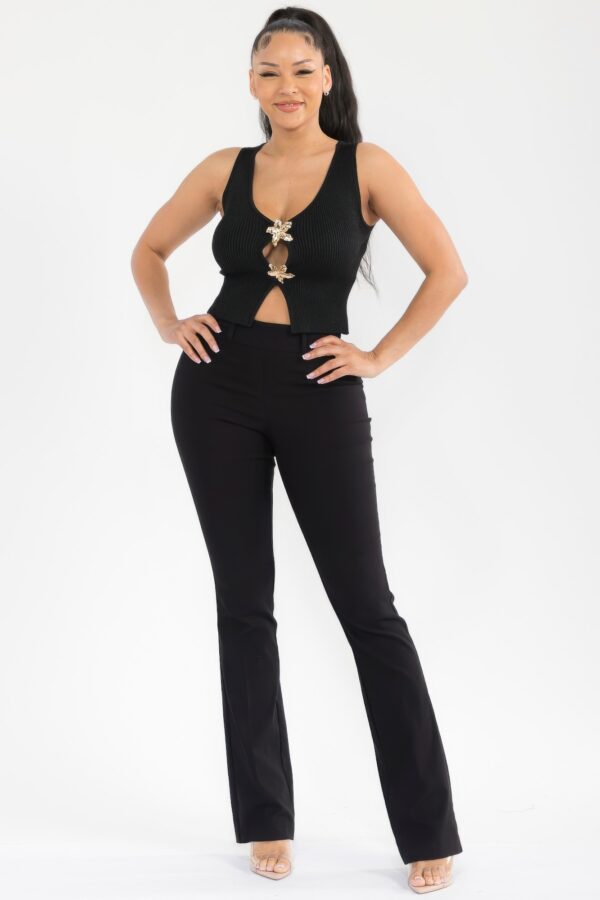 Stellar Bloom Rib-Knit Top with Gold Floral Clasps – Black