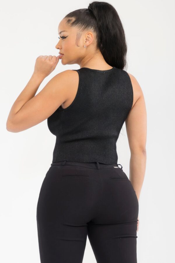 Stellar Bloom Rib-Knit Top with Gold Floral Clasps – Black