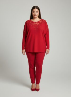 Plus Size Crimson Lace-Embellished Knit Tunic Top